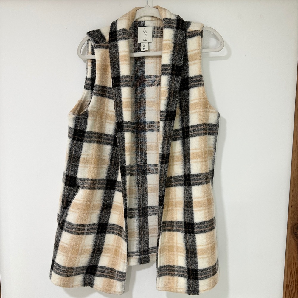 Joie Vest Plaid Longline Open Front Womens M Tan Wool Blend Shawl Collar Pockets